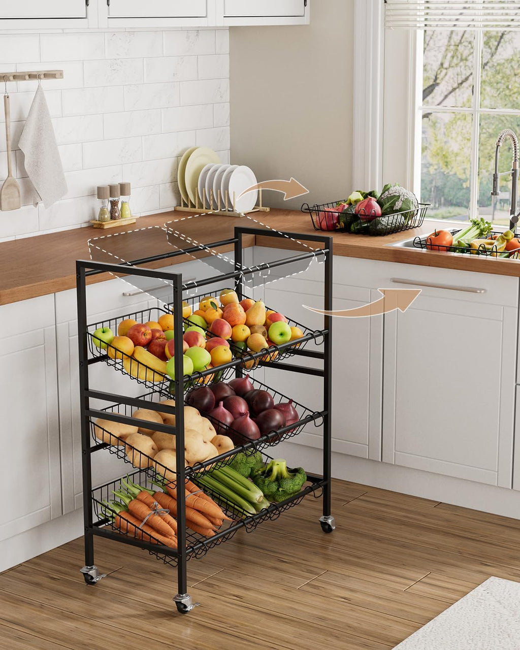Evermagin 25.2" W Kitchen Storage Cart, 4-Tier Snack Cart with Wheels | Metal Fruit Basket Vegetable Stand, Pantry Storage Organizer with 8 Removable Baskets for Onion Potato, Black