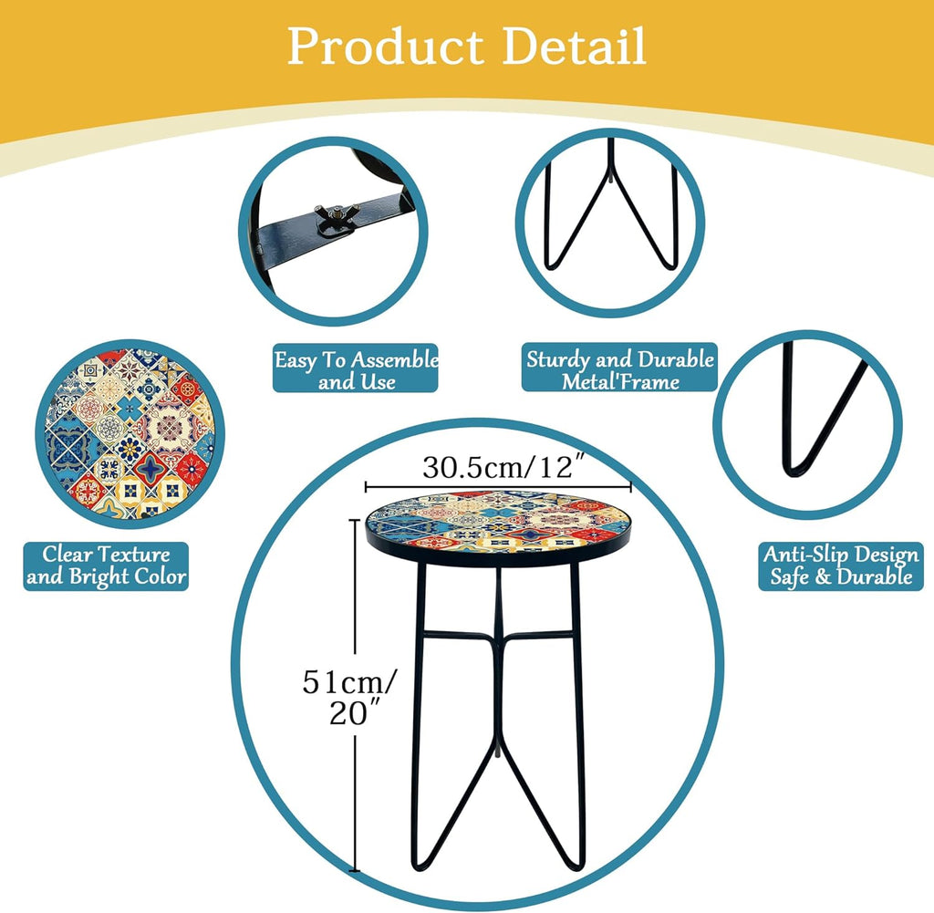 Mosaic Round Sode Tea Table, Outside Unique Furniture, Small End Outdoor Side Valentine's Day Dining Room Table, Indoor Balcony Outdoor Furniture, Balcony Patio Valentine's Day Decor