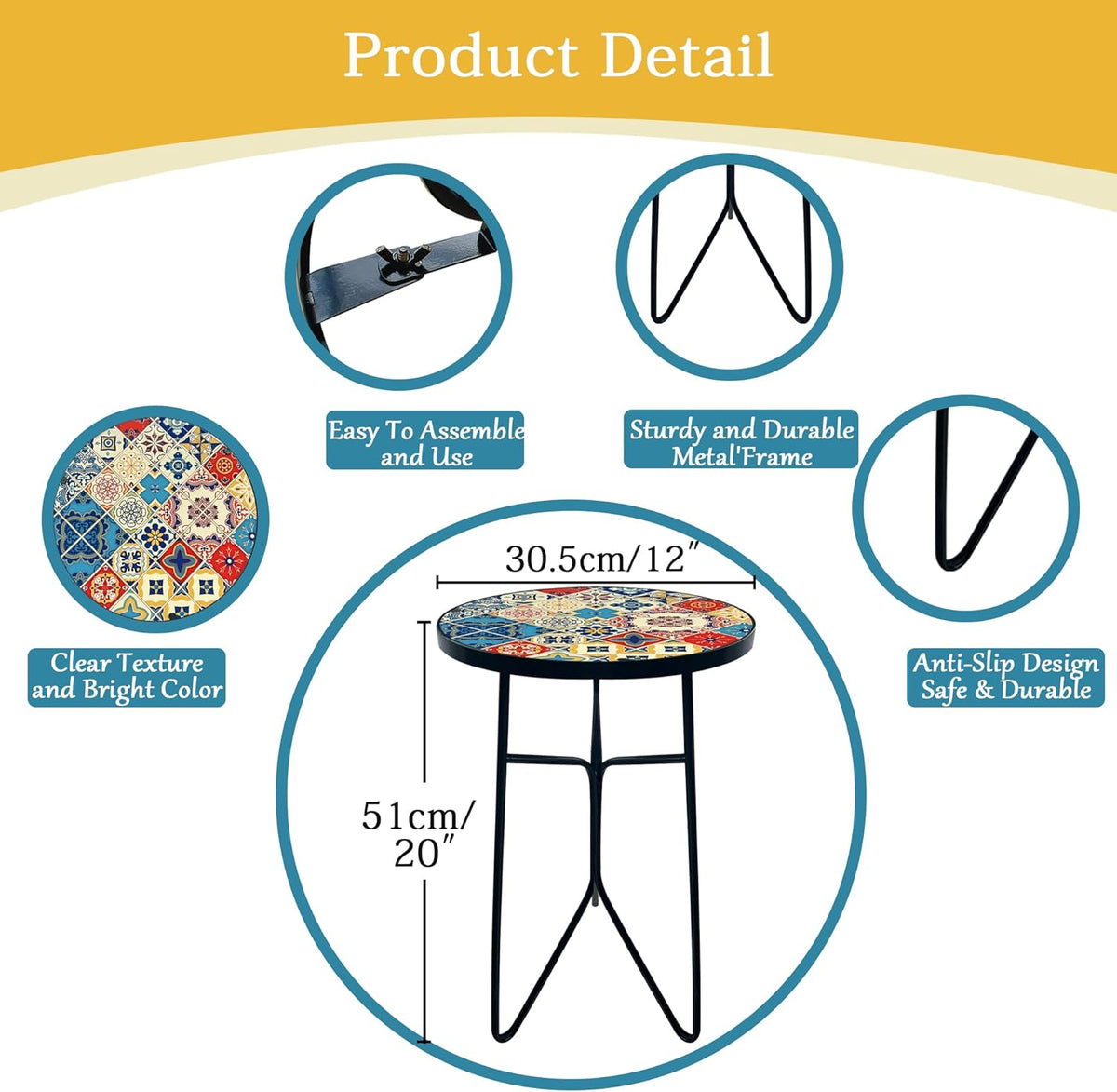 Mosaic Round Sode Tea Table, Outside Unique Furniture, Small End Outdoor Side Valentine's Day Dining Room Table, Indoor Balcony Outdoor Furniture, Balcony Patio Valentine's Day Decor