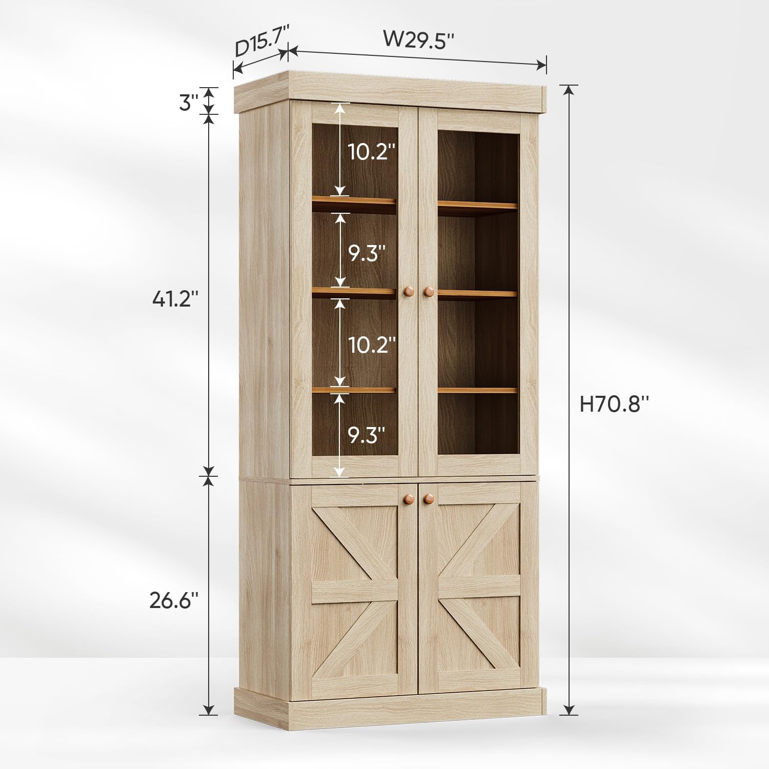 ivaniti 71" Tall Farmhouse Kitchen Pantry, Rustic Brown Wood Storage Cabinet with Glass Doors and Adjustable Shelves, Versatile Hutch for Dining Room, Living Room, Set of 2