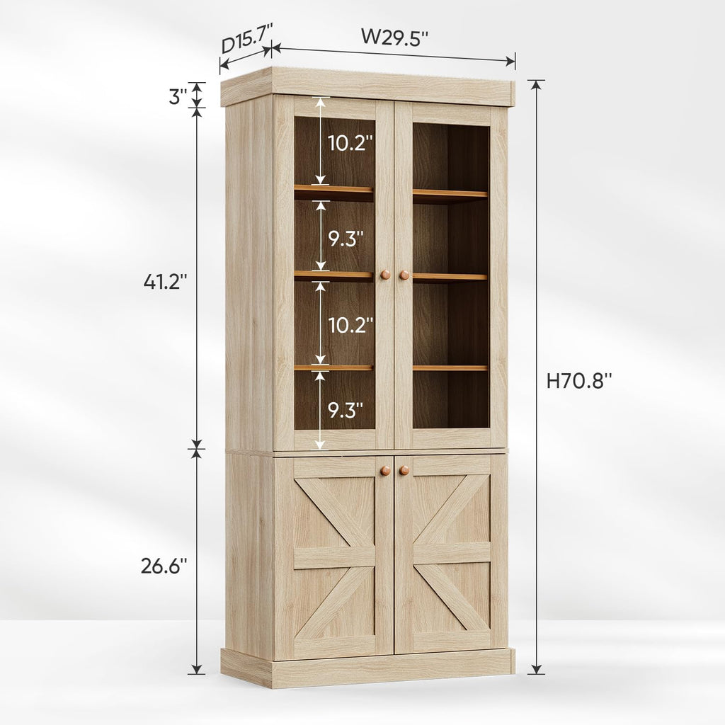 ivaniti 71" Tall Kitchen Pantry Cabinet, Rustic Farmhouse Storage Hutch with Glass Doors & Adjustable Shelves, Freestanding Wood Buffet Cabinet for Dining Room, Living Room, Brown (Set of 4)