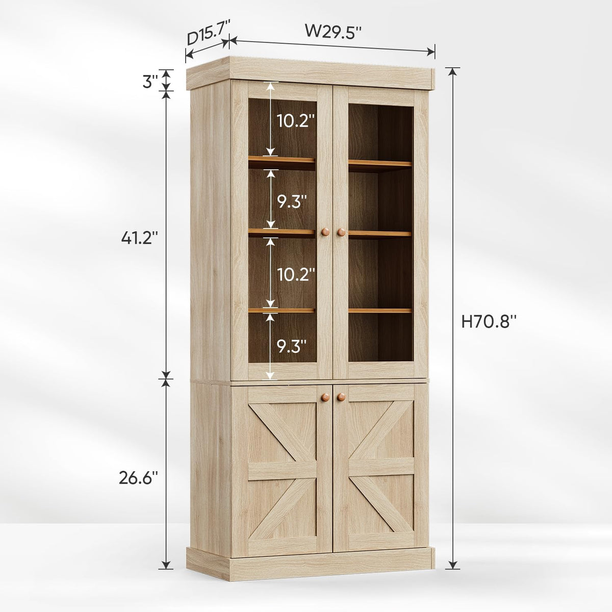 ivaniti 71" Tall Kitchen Pantry Cabinet, Rustic Farmhouse Storage Hutch with Glass Doors & Adjustable Shelves, Freestanding Wood Buffet Cabinet for Dining Room, Living Room, Brown (Set of 4)