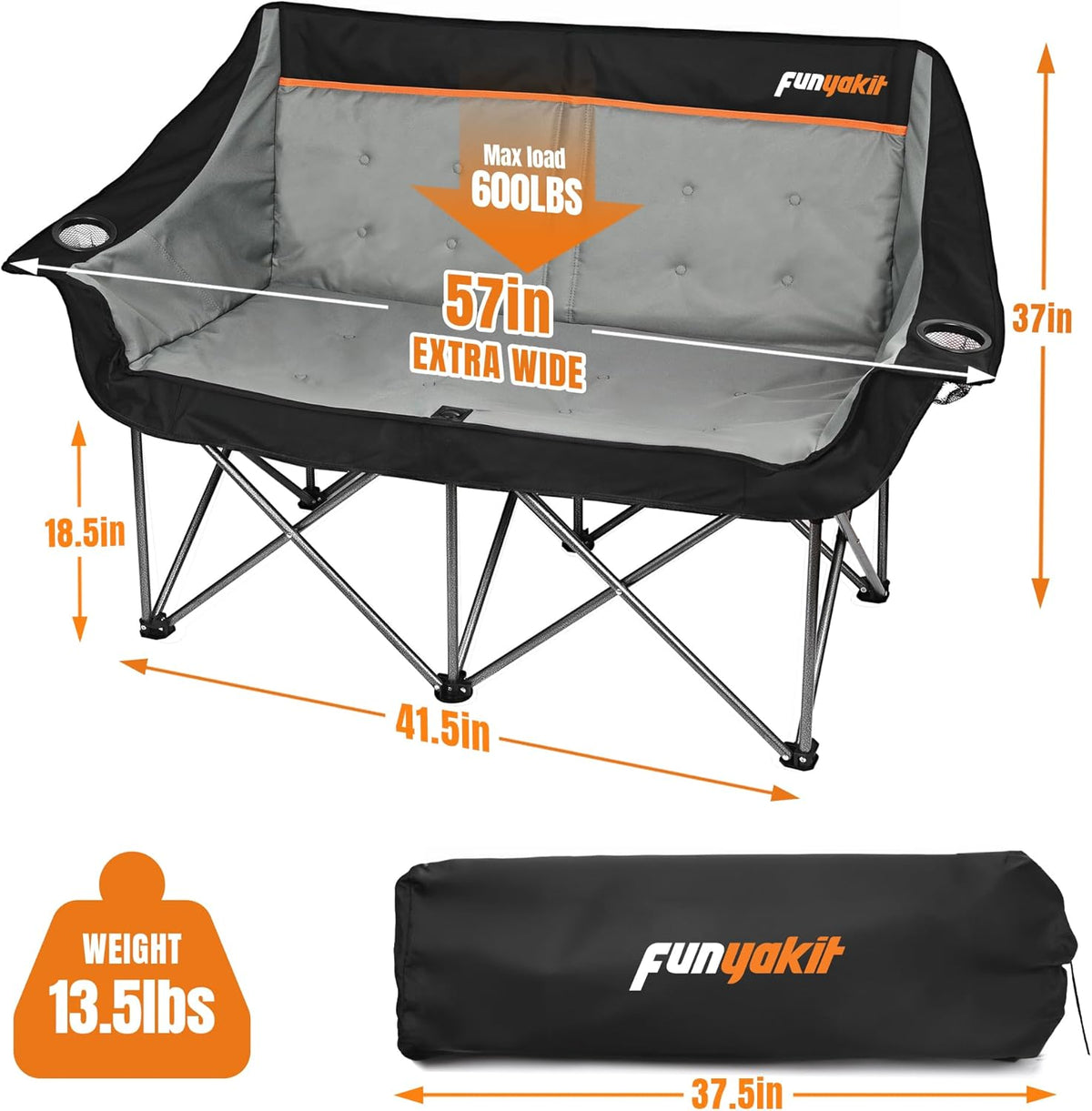 2 Person Camping Chair, Heavy Duty 650LBS Padded Loveseat for Couples & Pets, Foldable Double Camp Chair with Reinforced Storage Bag, Ideal for Outdoor Festivals, Beach, & Car Camping