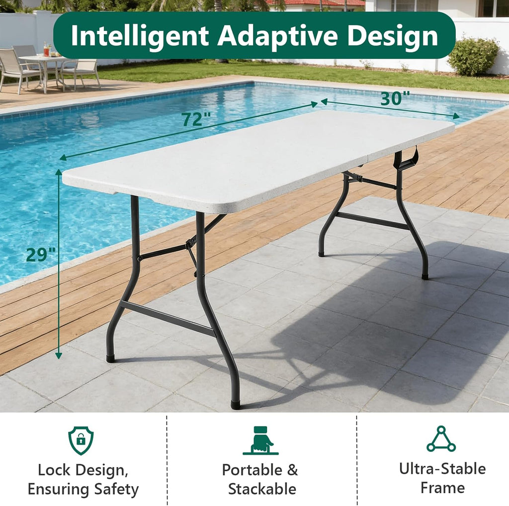 Folding Table and Chairs, 6ft Folding Table with Adjustable Height& PU Leather Padded Folding Chairs 6 Pack, Portable Table and Chairs Set for Indoor&Outdoor Use(White Table& White Chair)