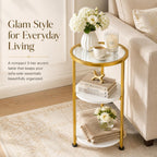 Glass Side Table, Tempered Glass Small Round Side Table with 3-Tier Storage Shelves for Small Spaces, Modern Glass Round End Table for Living Room, Bedside Nightstand for Bedroom (White+Gold)