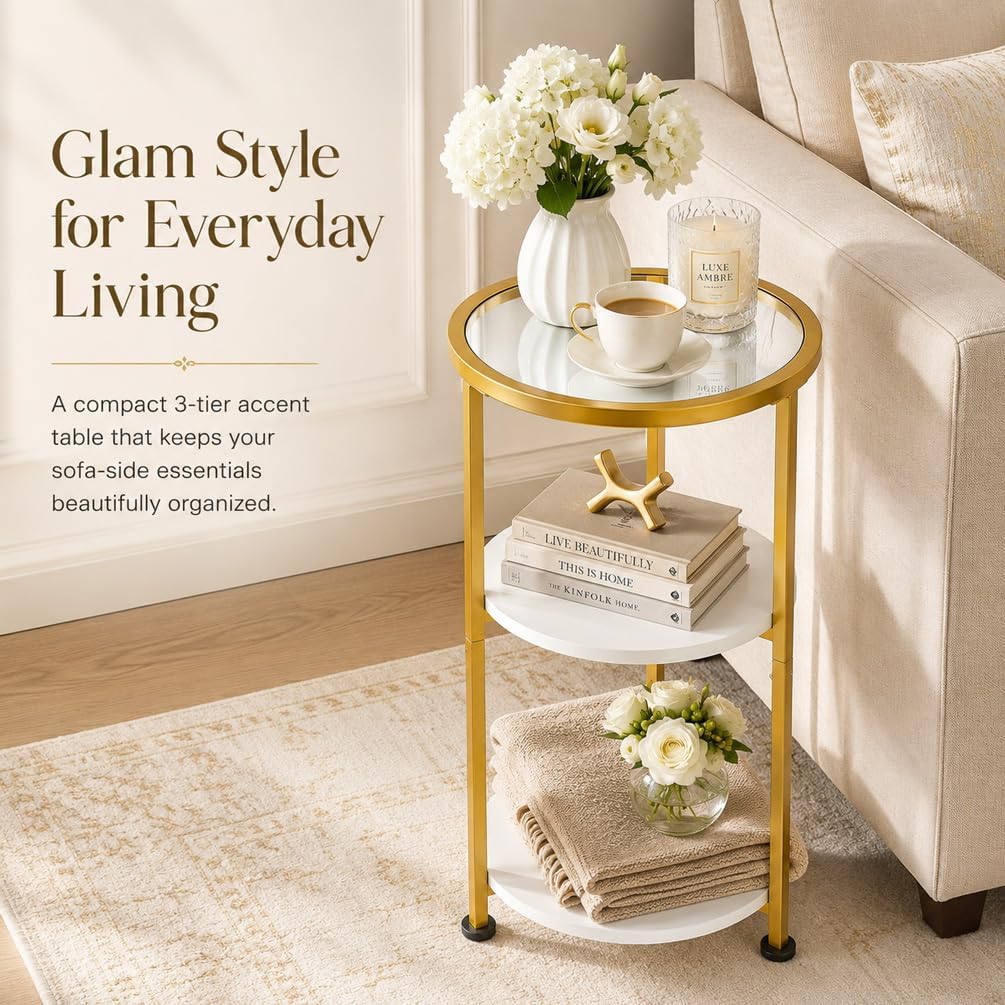 Glass Side Table, Tempered Glass Small Round Side Table with 3-Tier Storage Shelves for Small Spaces, Modern Glass Round End Table for Living Room, Bedside Nightstand for Bedroom (White+Gold)