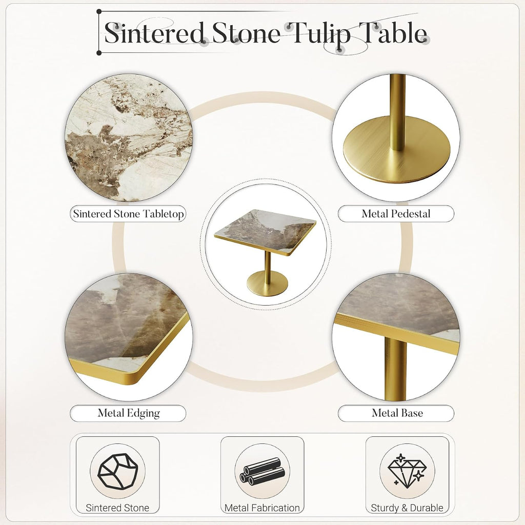 31.5" Square Dining Table, Square Restaurant Table with 1.2" Thick Sintered Stone Tabletop and Golden Metal Pedestal Base, Bistro Table for Diner, Bar, kitchen, Bakery, Apartment (Marble Patterns)