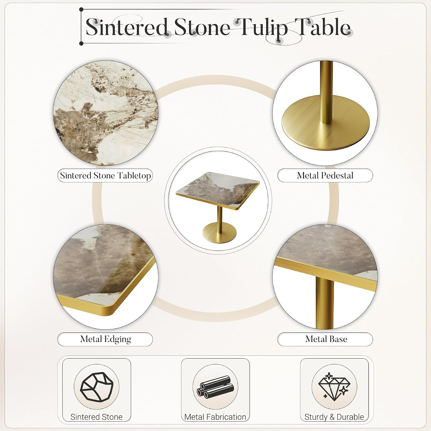 31.5" Square Dining Table, Square Restaurant Table with 1.2" Thick Sintered Stone Tabletop and Golden Metal Pedestal Base, Bistro Table for Diner, Bar, kitchen, Bakery, Apartment (Marble Patterns)