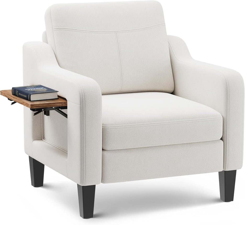 Upholstered Accent Chair with Foldable Side Table for Living Room | 2 Side Pockets, Modern Linen Armchair Wooden Fabric Chairs for Living Room, Comfy Reading for Bedroom/Office