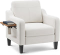 Upholstered Accent Chair with Foldable Side Table for Living Room | 2 Side Pockets, Modern Linen Armchair Wooden Fabric Chairs for Living Room, Comfy Reading for Bedroom/Office