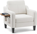 Upholstered Accent Chair with Foldable Side Table for Living Room | 2 Side Pockets, Modern Linen Armchair Wooden Fabric Chairs for Living Room, Comfy Reading for Bedroom/Office
