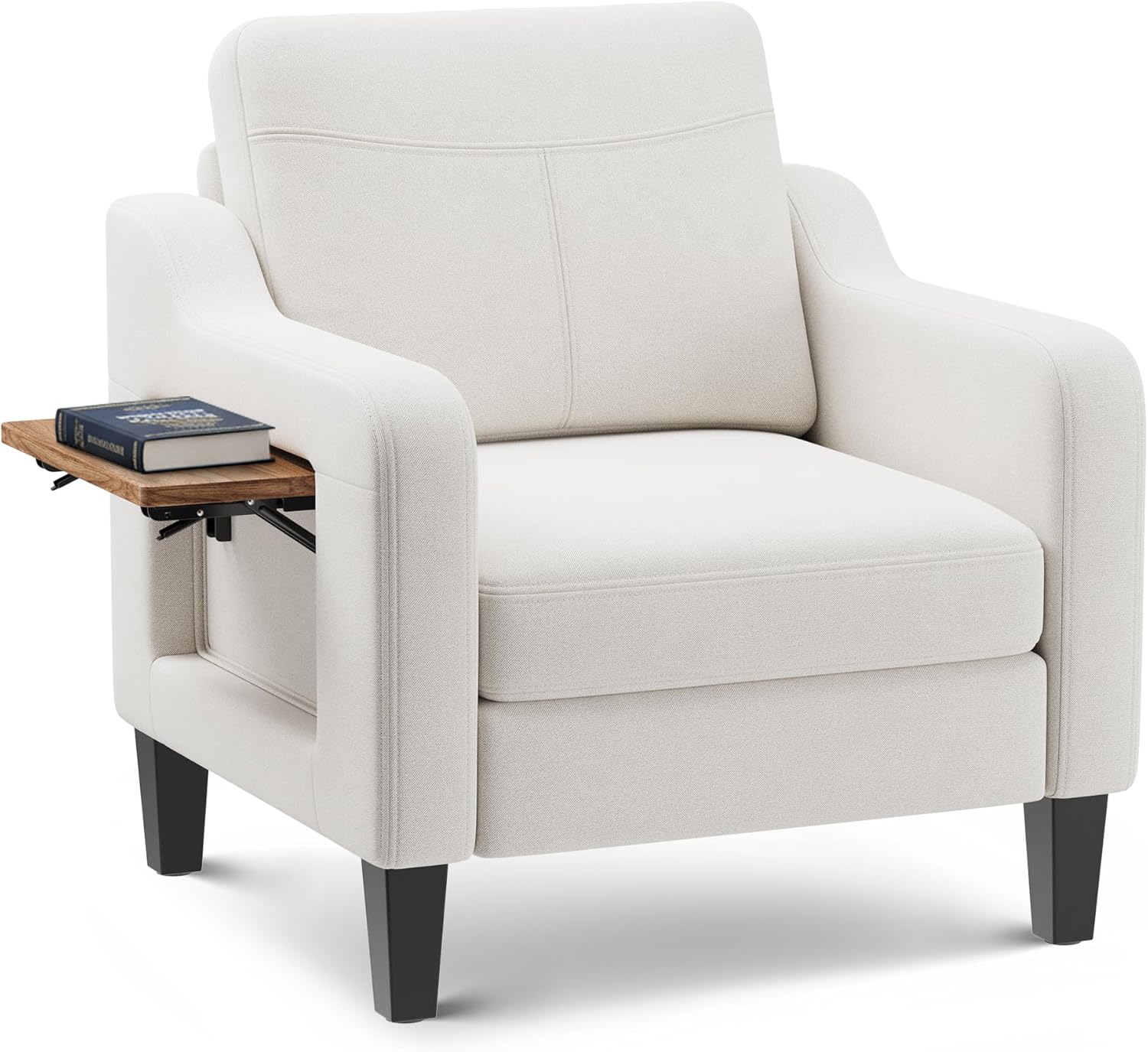 Upholstered Accent Chair with Foldable Side Table for Living Room | 2 Side Pockets, Modern Linen Armchair Wooden Fabric Chairs for Living Room, Comfy Reading for Bedroom/Office