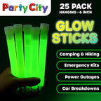 Party City Green Glow Sticks Bulk Pack 6”- 25pk Glow in the Dark Sticks for Kids, Waterproof Camping Survival Ultra Bright Emergency Light Stick with String, Neon Glowsticks Party Supplies Favors
