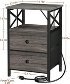 AMHANCIBLE Nightstands Set of 2, Large Night Stand with Charging Station | Bedside Table with 2 Fabric Drawers, End Side Tables Living Room, with Open Shelf, USB Ports Outlets, for Bedroom, Dark Grey