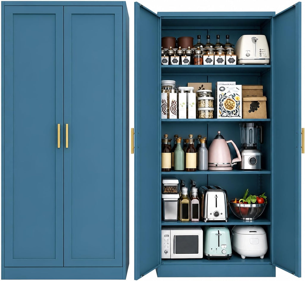 BESFUR 71" Tall Metal Storage Cabinet with 2 Doors and 4 Adjustable Shelves, Heavy Duty Kitchen Pantry Cabinet for Home Office, Kitchen, Garage and Dining Room, Blue,71”H x 27.5”W x 13.8”D