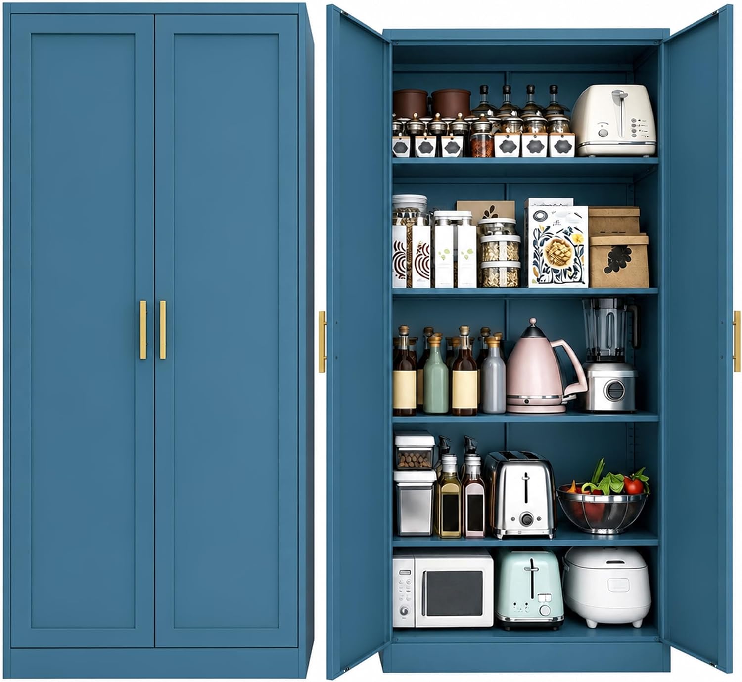BESFUR 71" Tall Metal Storage Cabinet with 2 Doors and 4 Adjustable Shelves, Heavy Duty Kitchen Pantry Cabinet for Home Office, Kitchen, Garage and Dining Room, Blue,71”H x 27.5”W x 13.8”D