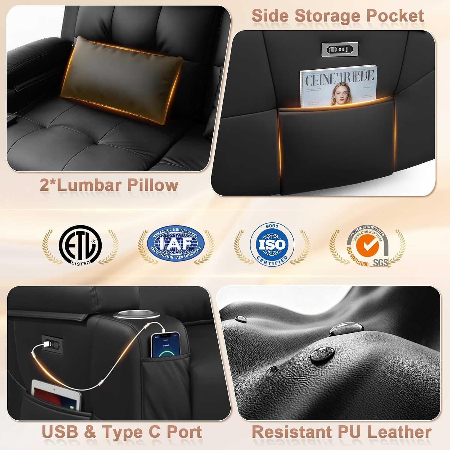 Power Reclining Loveseat with Massage & Heat,Wall Hugger Loveseat Recliner with LED Lights,USB & Type-C Ports, Ideal for RV, Home Theater and Living Room,Black,2 Seats