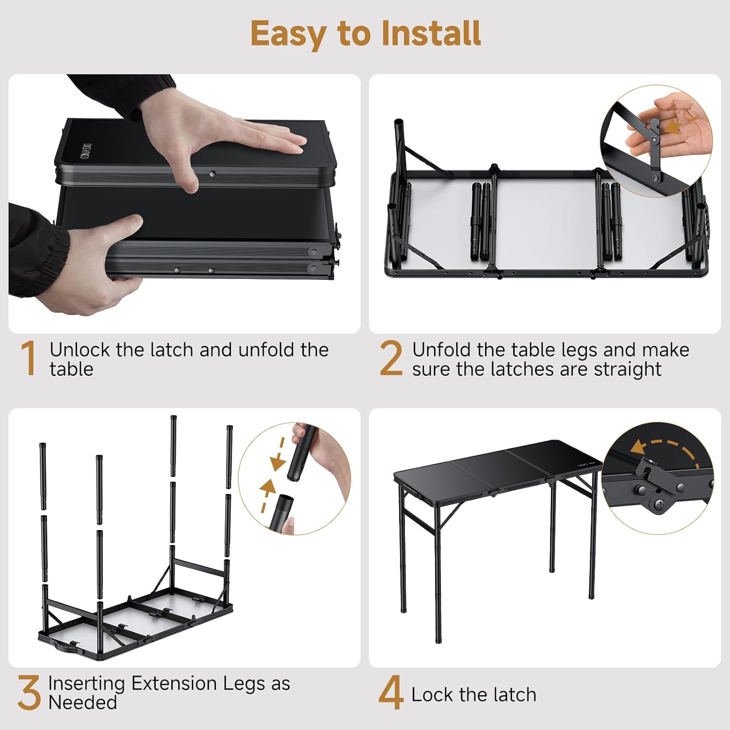 Folding Camping Table, 34.2"x15.7" 3 Adjustable Height Max 27.5" | Picnic Table Matte Black Aluminum Folding Table with Handle for Party, Dining, Garden, Patio, Market