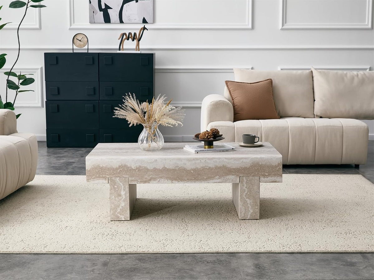46'' Modern Coffee Table for Living Room, Marble Pattern Stone Travertine Coffee Table with Storage Thick Sturdy Legs for Dining Room Apartment Small Space (Stone Travertine Pattern)