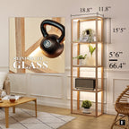 FENLO Fantasy Plus 66" Luxury Glass Display Shelf, Rustic Wood | Dimmable LED Floor Lamps, Curio Cabinet with Bookshelf, Sturdy Shelves, For Bedroom