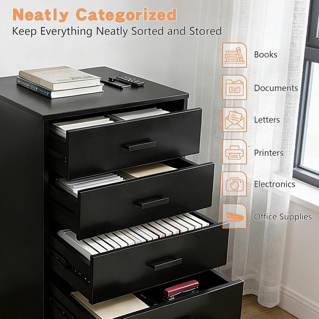 SweetGO 5 Drawer Storage Cabinet, Under Desk Organizer with Printer Stand Wood Filing cabinets for Home Office, Apartments (Black)