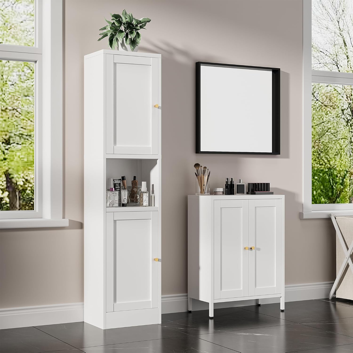 Bevivog Slim Kitchen Pantry Cabinet for Small Space, 67" Tall Narrow Storage Cabinets with Hutch and 3 Adjustable Shelves, Freestanding Tall Slim Bathroom Storage Cabinet