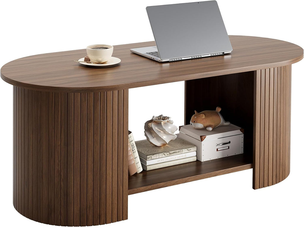 42" Oval Fluted Coffee Table, 2-Tier Center Table with Large Storage, Mid-Century Modern Wood Coffee Table for Living Room, Home Office, Small Space, Walnut