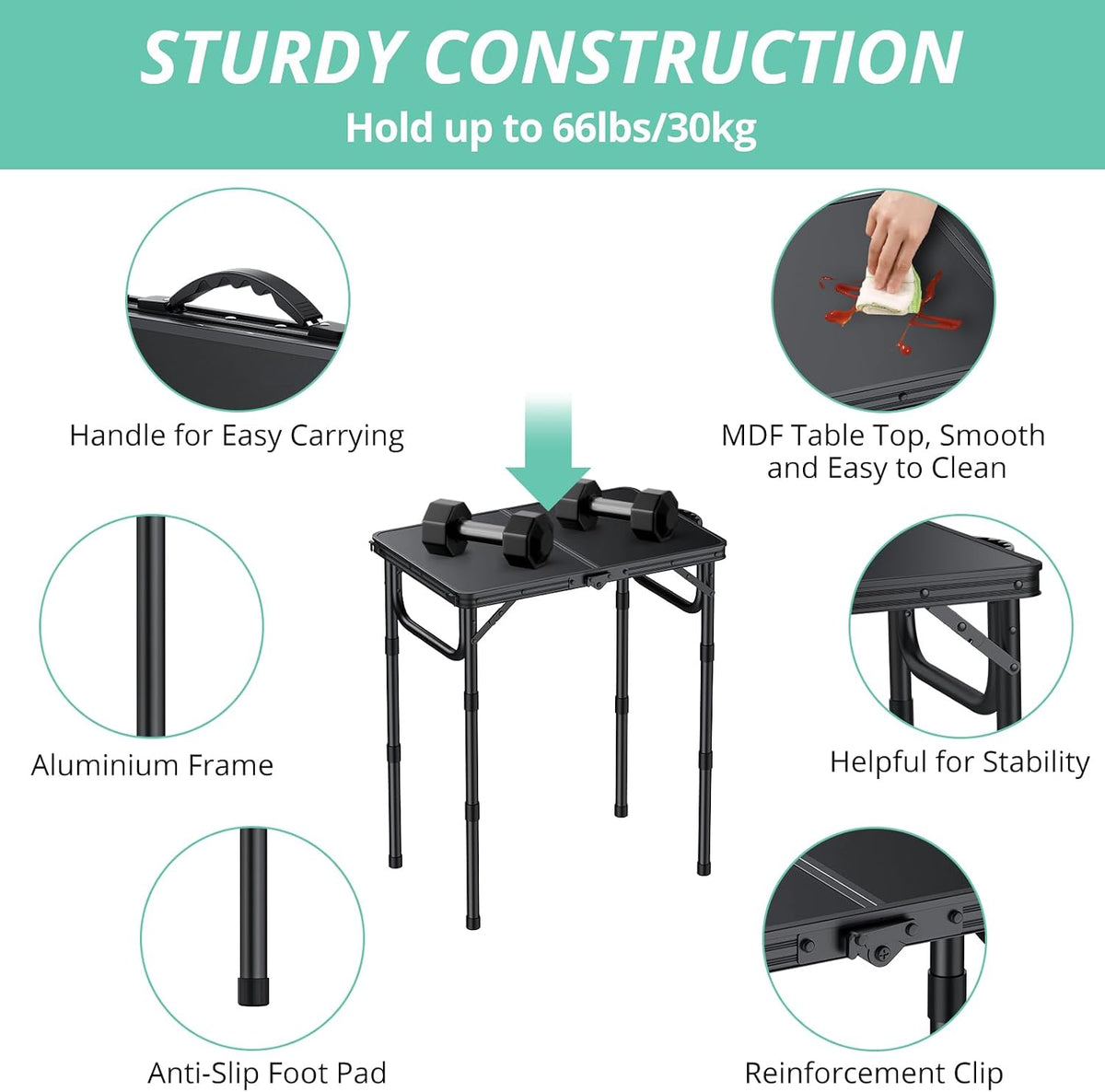 VINTEAM Camping Folding Table with Adjustable Height, Lightweight Portable Outdoor Picnic Table, BBQ Grill Side Table, Durable Aluminum Frame, MDF Desktop for Camping, Fishing, RV, Beach (Black) | Max Load 30kg MDF Surface Easy to Clean, Lightweight