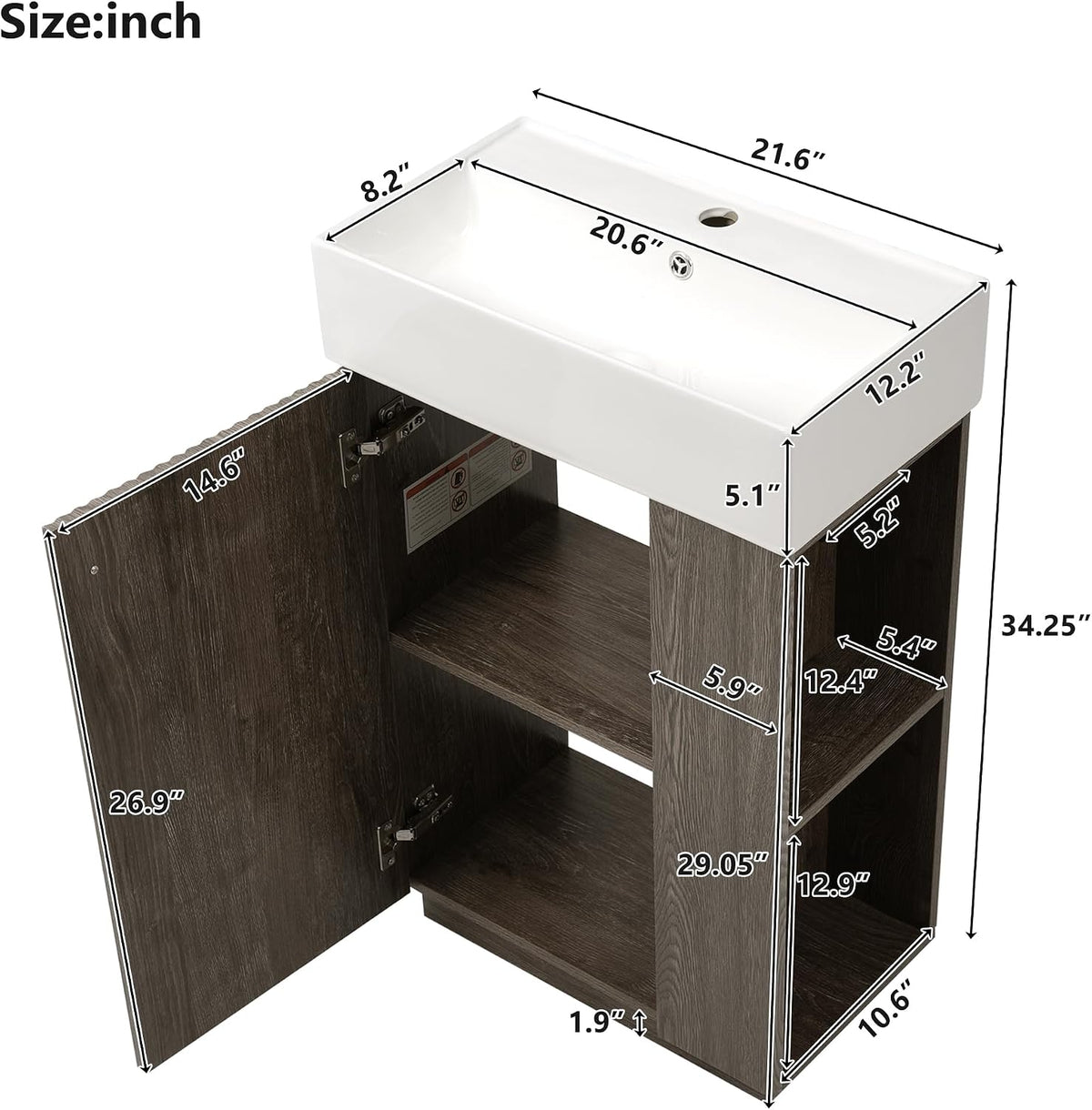 JIVOIT Bathroom Vanity with Ceramic Sink, 21.6" Bathroom Cabinet with Open and Closed Storage, a Tissue Holder, Side Storage, Modern Left Door Wood Grain Cabinet for Small Space