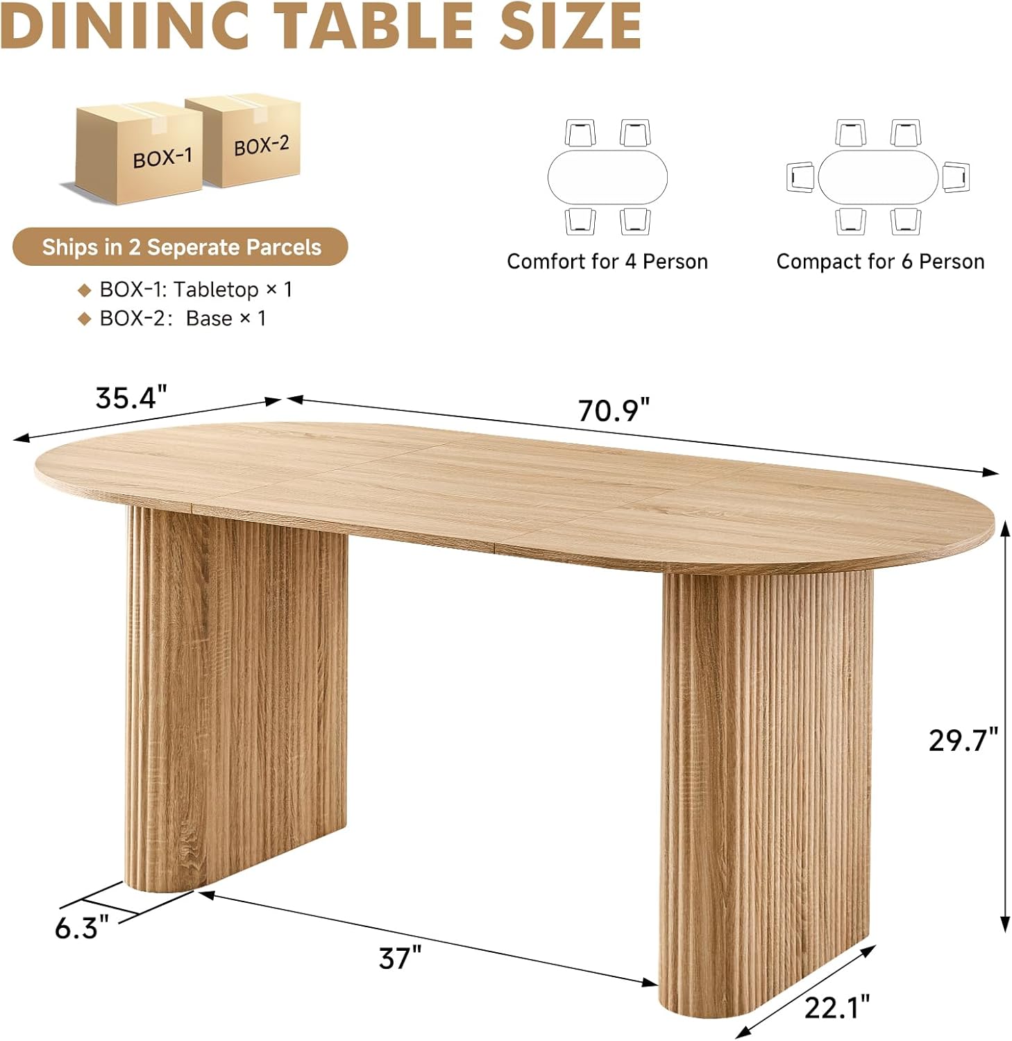 70.9" Large Dining Table for 4-6, Rounded Edges, Fully Assembled Table Base, Modern Wood Kitchen Dinner Table, Easy Setup, Natural