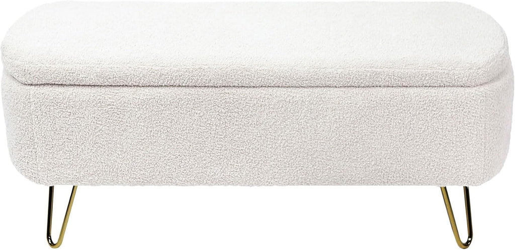 Ottoman with Storage, Small Boucle Storage Ottoman Bench,Upholstered Entryway End of Bed Bench with Cushion and Gold Legs for Bedroom Living Room, Ivory
