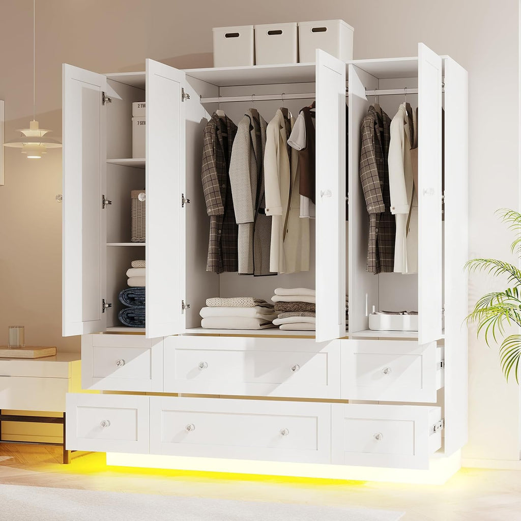 VOWNER Wardrobe Closet with 4 Doors Bedroom Armoire with Mirror & 6 Drawers