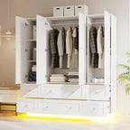 VOWNER Wardrobe Closet with 4 Doors Bedroom Armoire with Mirror & 6 Drawers