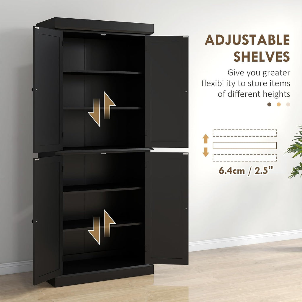 HOMCOM 72.5" Tall Kitchen Pantry Cabinet, Freestanding Modern Farmhouse Kitchen Storage Cabinet with 4 Doors and 2 Adjustable Shelves for Dining Room, Black