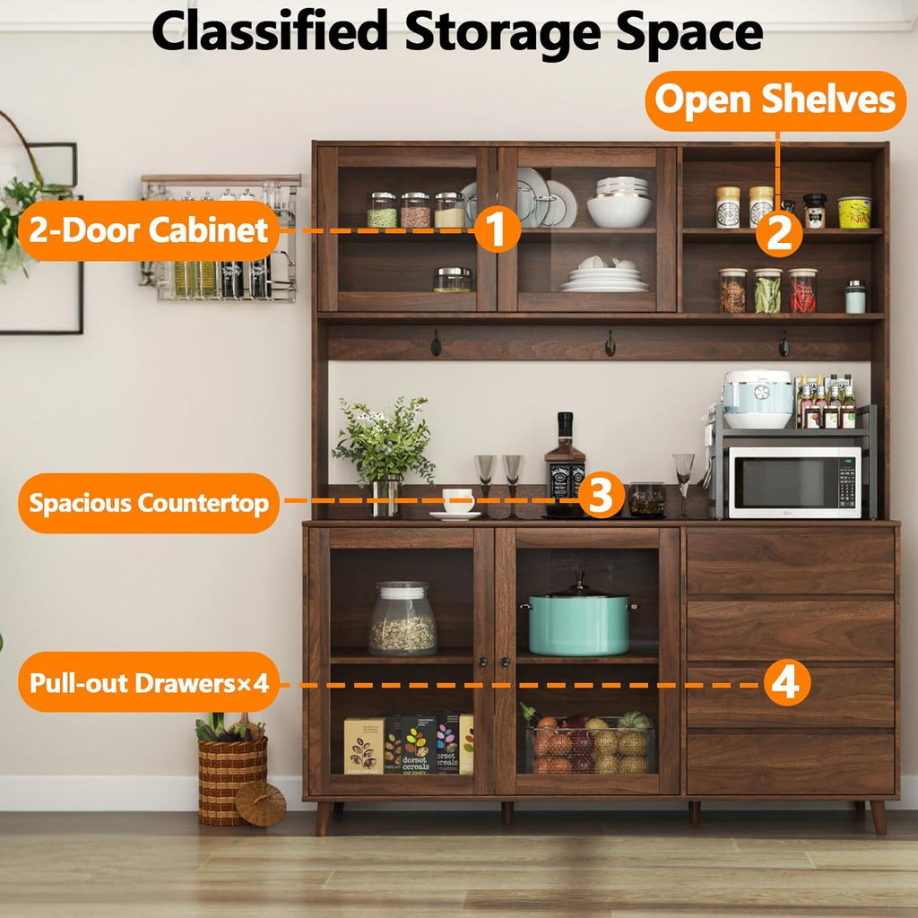 63” Kitchen Pantry Cabinet with Microwave Shelf & Countertop, Freestanding Storage Kitchen Hutch with Drawers & Glass Doors for Dining Room, Wooden Structure, Modern (Walnut)