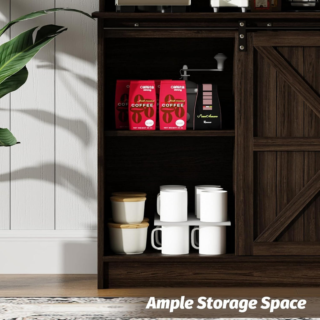 4ever2buy 55" Farmhouse Coffee Bar Cabinet with Storage & Wine Rack, Oak | Storage Hutch with Adjustable Shelves, Wine Rack and 8 Hooks for Living Room or Dining Room Storage