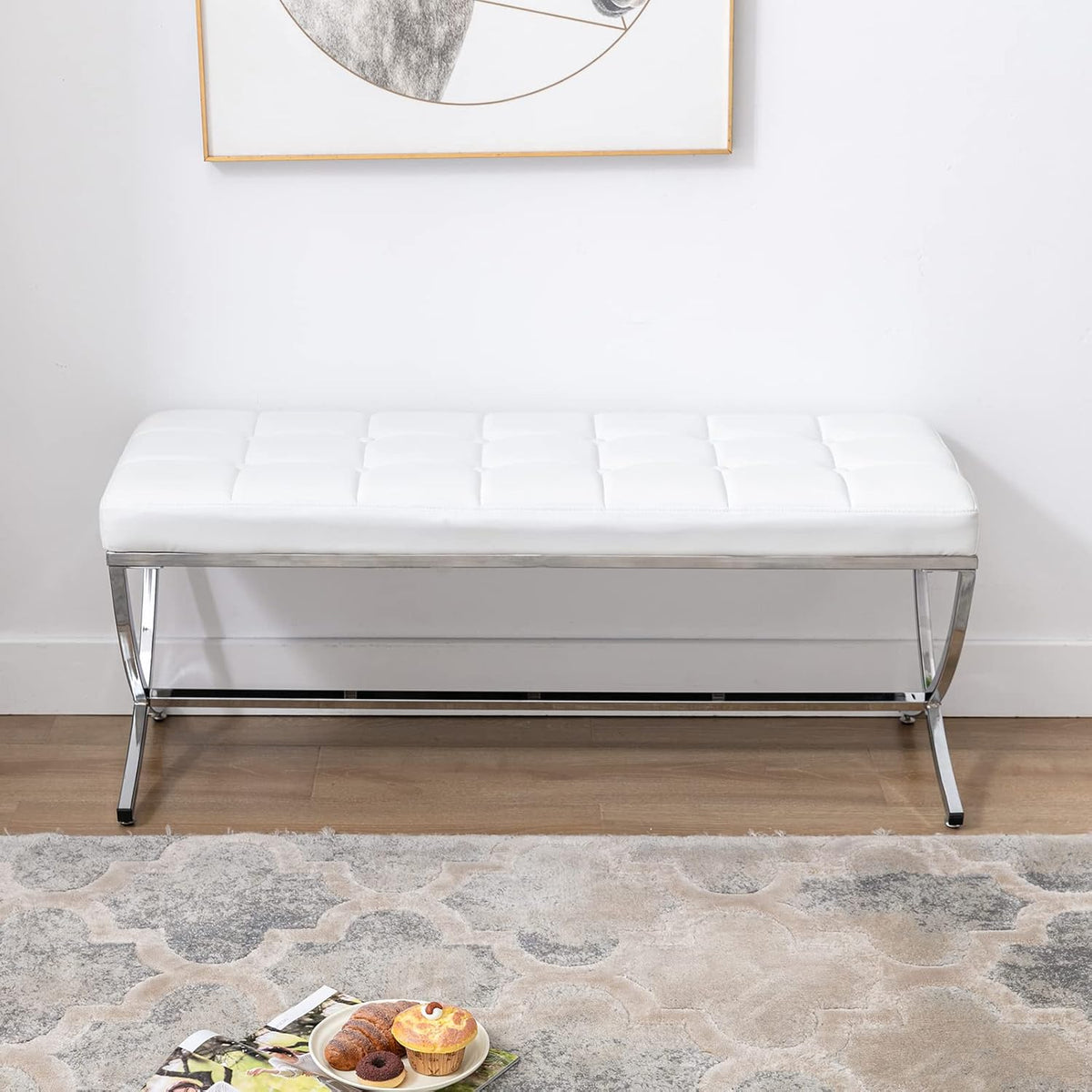 DUOMAY Modern Tufted Ottoman Bench, 45.75" W x 16.5" D x 19.25" H, White | PU Leather Upholstered, Button Tufted, Footrest Stool Vanity Seat, X Metal Legs