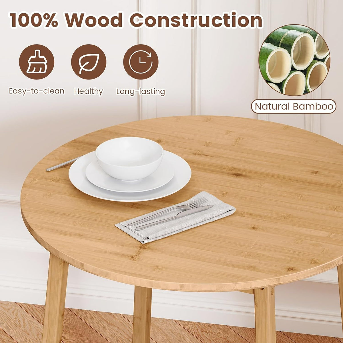 Giantex 27.5-Inches Bamboo Dining Table for 2-4, Round Dinner Tables with Non-Slip Foot Pads, Farmhouse Small Kitchen Table for Dining Room, Living Room, Dinette, Apartment (Round)