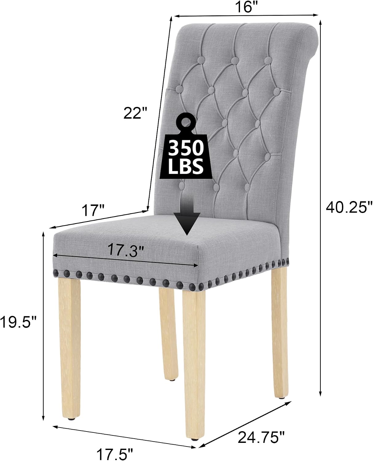 LOULENS Fabric Dining Chairs Set of 2, Modern Linen Upholstered Parson Chairs with Button Tufting and Solid Wood Legs for Kitchen & Dining Room, Light Gray