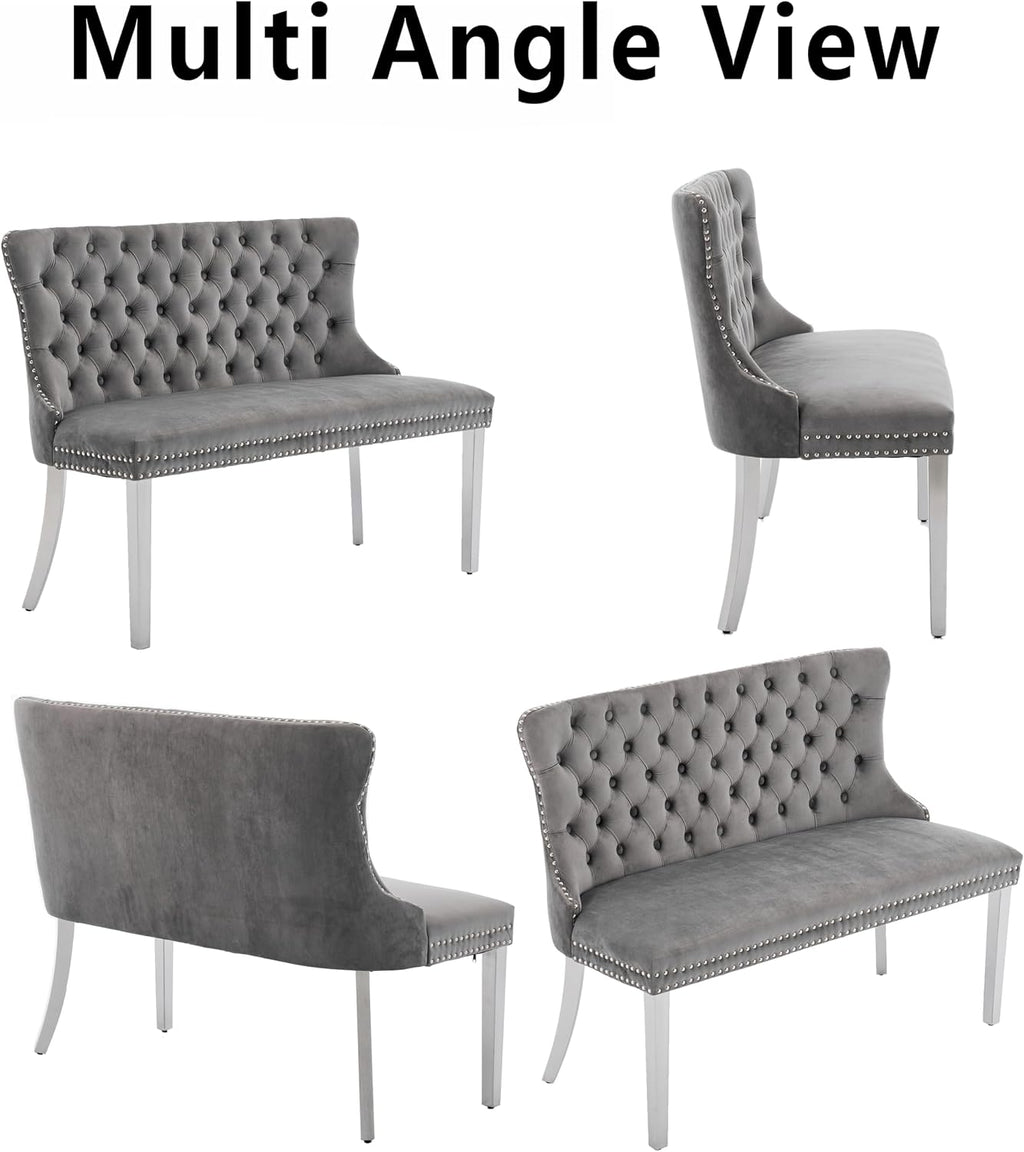 Upholstered Dining Bench with Back Tufted Settee Benches Small Loveseat Sofa Couch for Small Spaces,Entryway,Banquettee Seating Sofa Benches with Backrest (Grey+Silver Legs, Dining Bench)