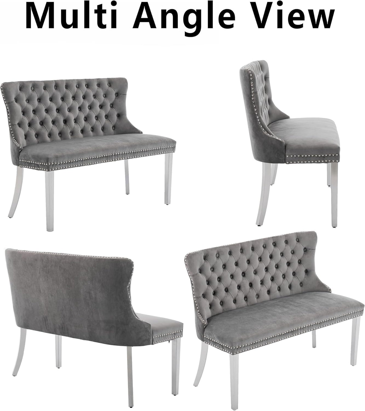 Upholstered Dining Bench with Back Tufted Settee Benches Small Loveseat Sofa Couch for Small Spaces,Entryway,Banquettee Seating Sofa Benches with Backrest (Grey+Silver Legs, Dining Bench)