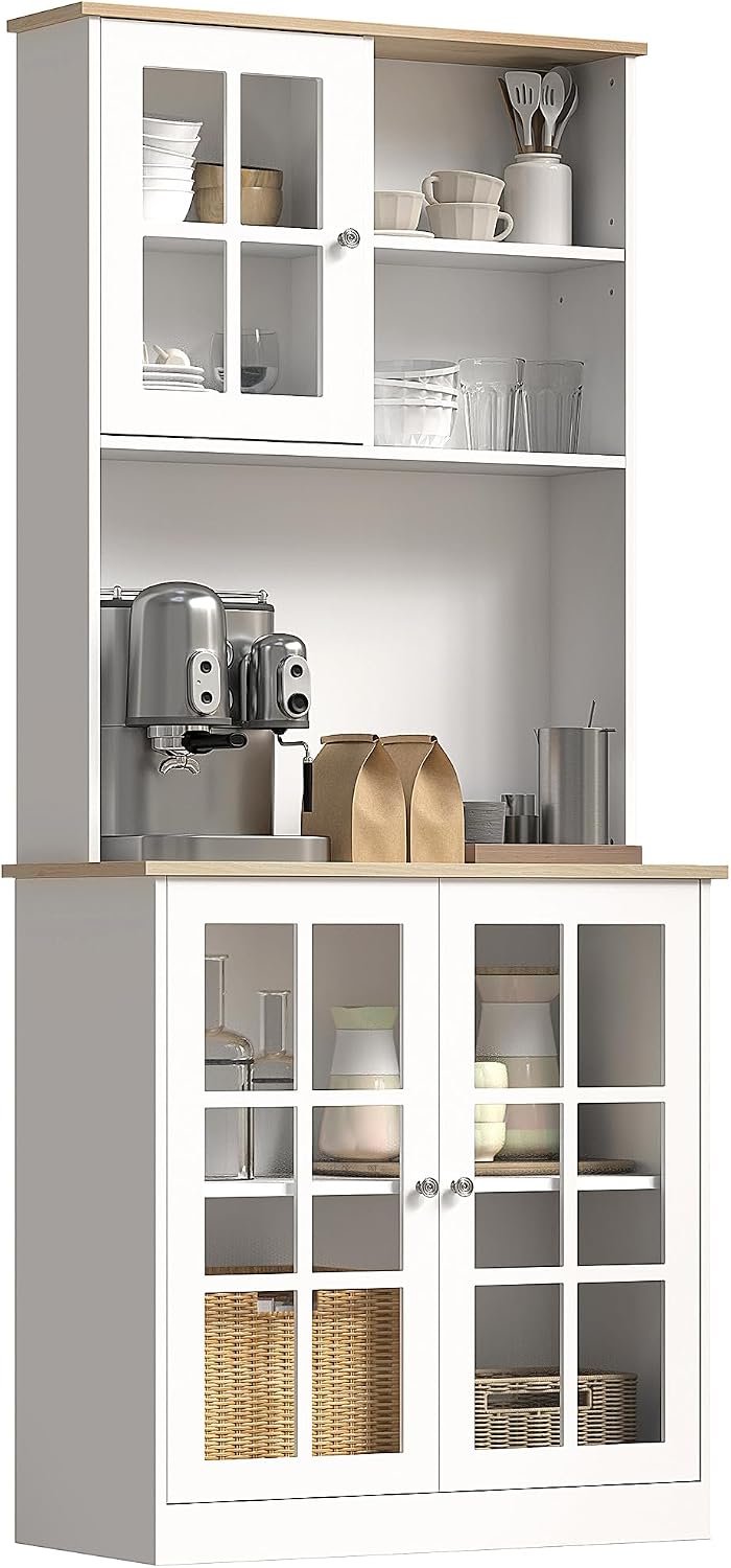 HOMCOM Kitchen Pantry Storage Cabinet 72" with Hutch, White | Large Countertop, Freestanding, Glass Doors, Adjustable Shelves, Dining Room