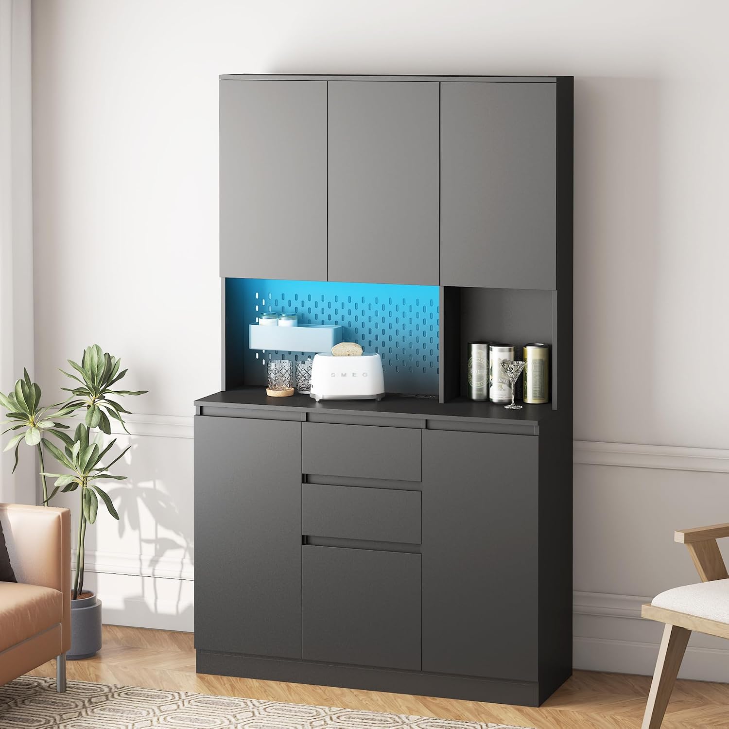roomfitters 74" Kitchen Pantry Cabinet with Charging Station & USB Ports, Large Food Storage Cupboard, Microwave Stand, Black
