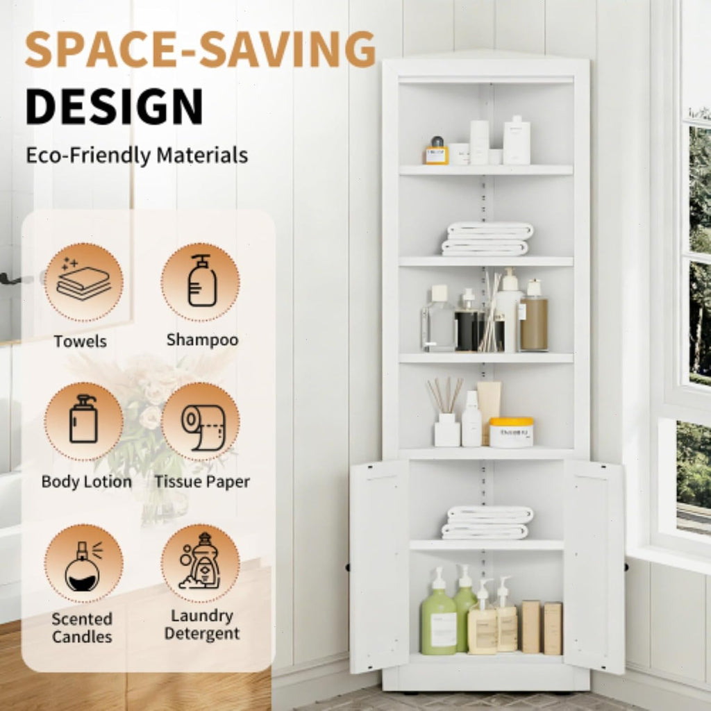 Metal Pantry Storage Cabinet with 4 Adjustable Shelves, 71" Tall Corner Cabinet for Bathroom, Corner Shelf Cabinet for Kitchen, Dining Room, Living Room, Assembly Required(White)