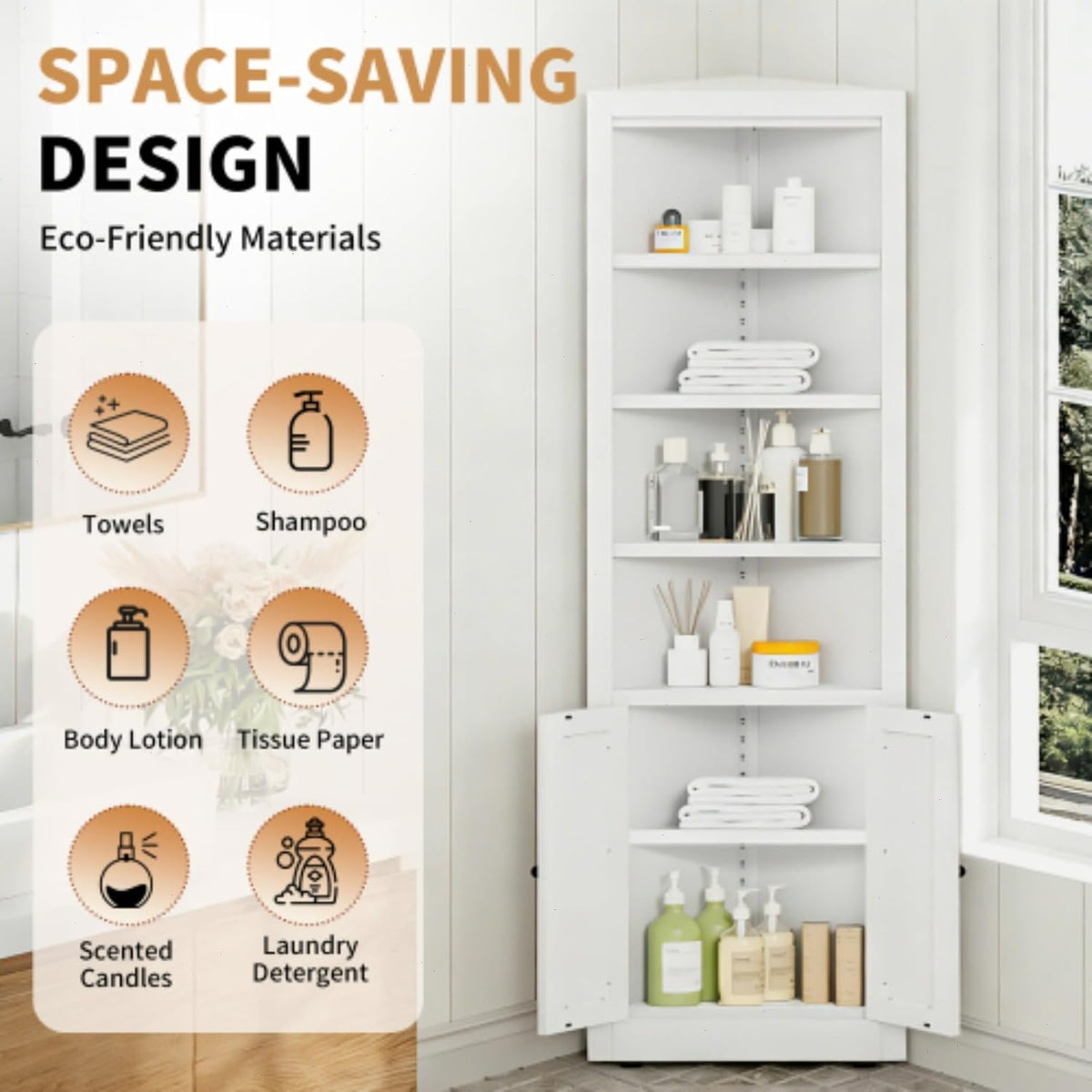 Metal Pantry Storage Cabinet with 4 Adjustable Shelves, 71" Tall Corner Cabinet for Bathroom, Corner Shelf Cabinet for Kitchen, Dining Room, Living Room, Assembly Required(White)