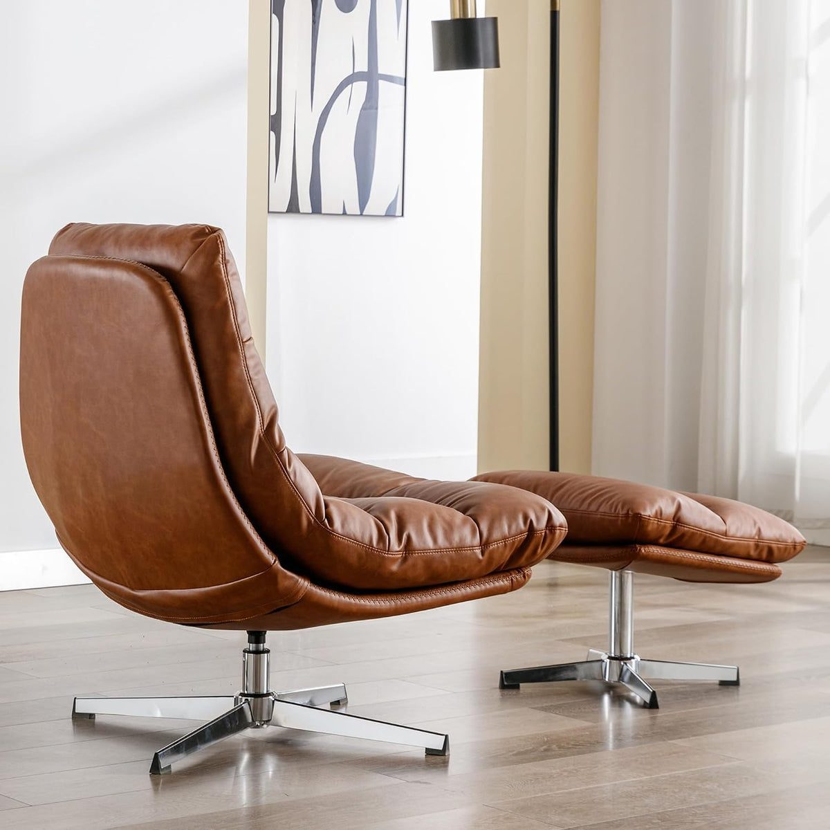 HNY Brown Swivel Lounge Chair with Ottoman Modern PU Leather Accent Chair with Footrest 33'' Wide Oversized Armless Upholstered Reading Chair with Footstool for Living Room Bedroom Comfy