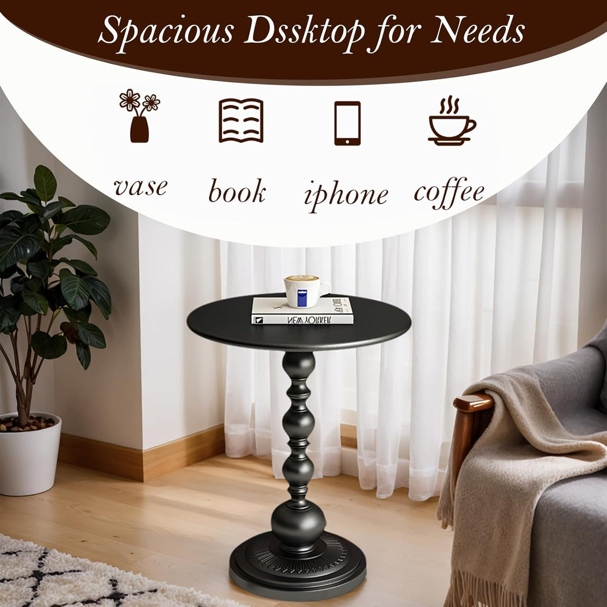Side Table - 13.8" Round Small Accent Table with Metal Base, Multifunctional Vintage Coffee Table for Living Room, Bedroom, Office & Patio - Elegant Matte-Finished End Tables