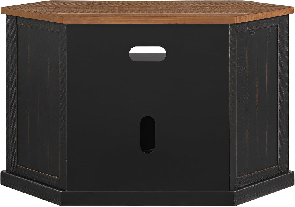 Martin Svensson Home Rustic Corner Solid Wood TV Stand, Black with Honey | Entertainment Center, for TVs up to 55", Two Door Cabinet, Open Storage shelf