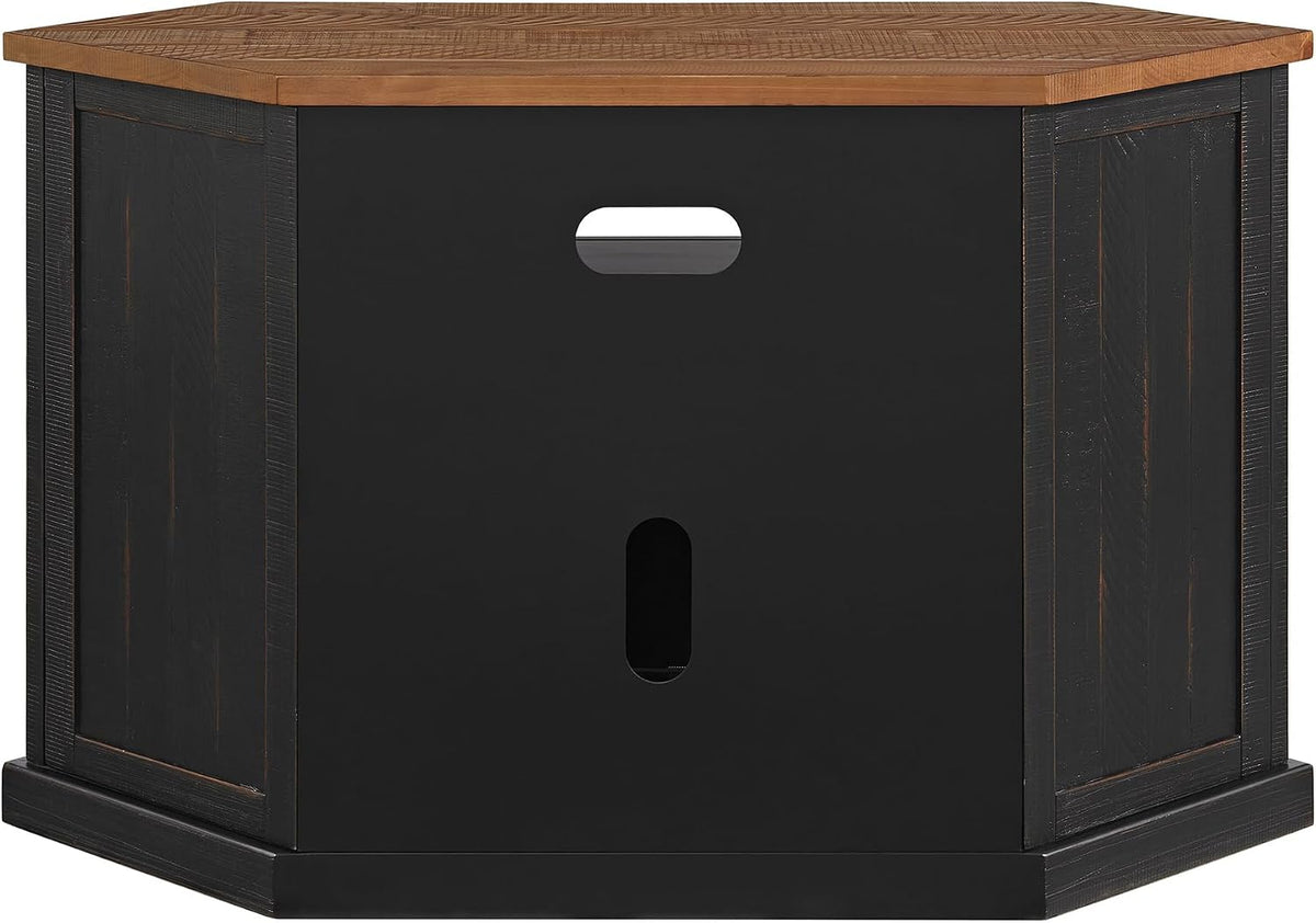 Martin Svensson Home Rustic Corner Solid Wood TV Stand, Black with Honey | Entertainment Center, for TVs up to 55", Two Door Cabinet, Open Storage shelf