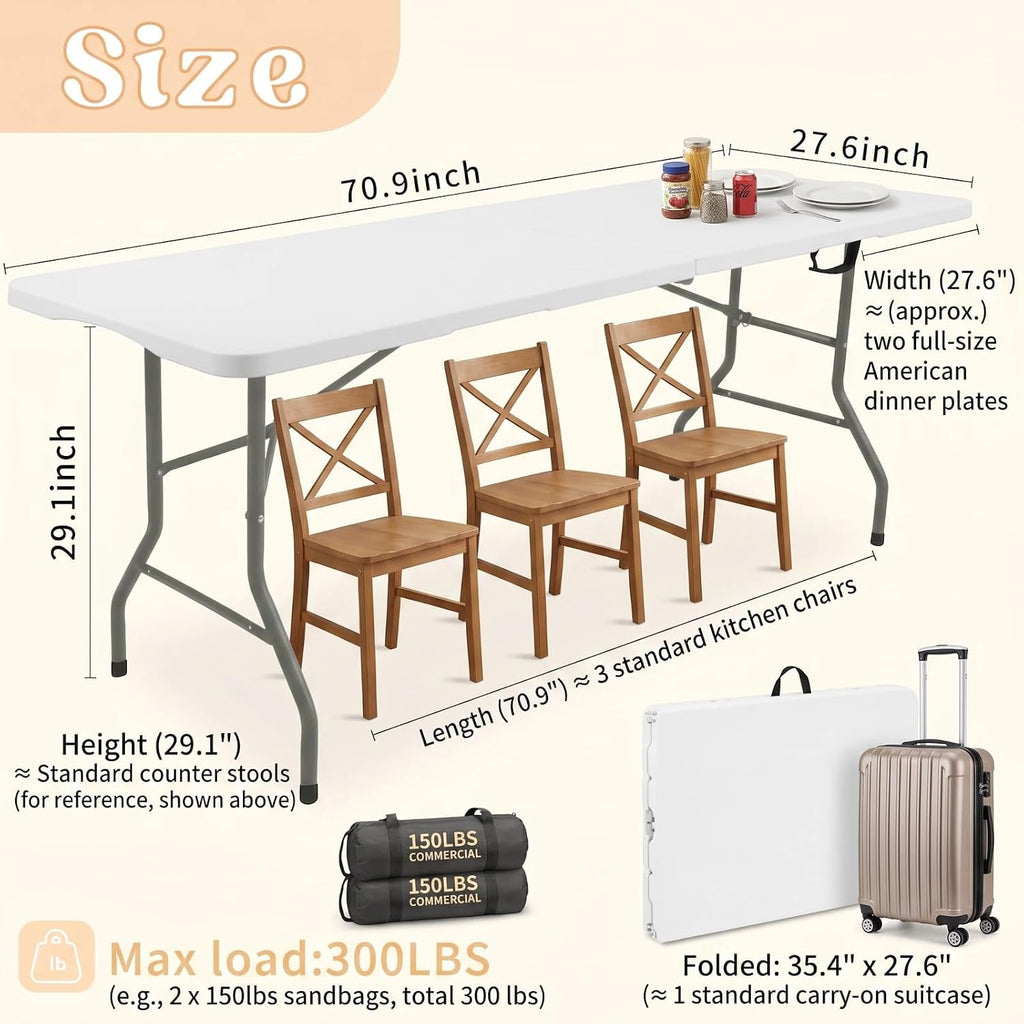 HAISIWLKJ Folding Table 6 FT Lightweight Camping Table White Portable Plastic Rectangular Outdoor Dining Table Steel Legs Fold-in-Half with Carrying Handle for Indoor,Picnic,Party,Wedding,Events